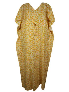 Women, Yellow, White Floral Beach Kaftan Dress Stylish Long Summer Caftan, One size